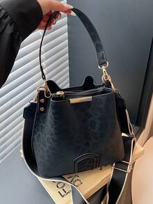 Nuevo Bolso de Moda Nicho Chic Casual Versátil Estampado de Leopardo Bolso Cubo Vintage Clásico Textura Premium Correa Ancha Bolso de Mujer Bolso de Hombro Bandolera Bolso de Mano Trabajo Desplazamiento Cita Compras Bolso Urbano Sofisticado Diario - Negro - Ver 6