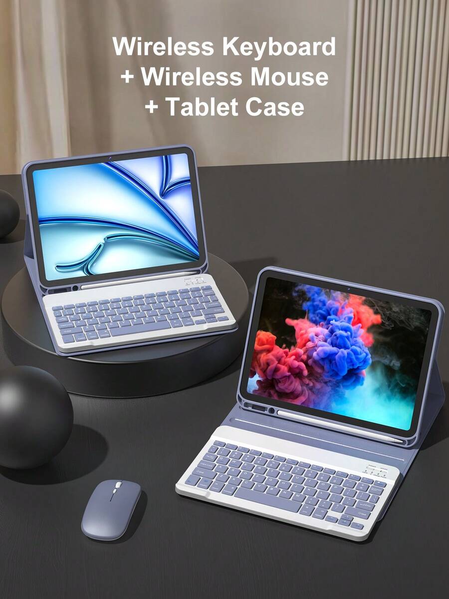 Wireless Keyboard Mouse Set For IPad A16 11th/10th, 9th/8th/7th 10.2", Air 10.9", 11", Pro 11", Includes PU Leather Tablet Case, Detachable Wireless Keyboard (150mAh Battery) And Pen Slot, Light Purple
