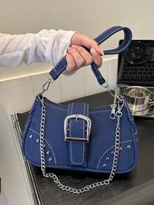 1pc Women's Colorblock Spice Girls Style Slim Daily Zipper Bag, Suitable For Party & Holiday, Large Capacity Fashionable Versatile Chain Bag - Blue - View 8