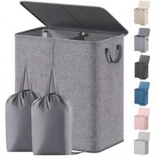 Lifewit Cesta Doble para Ropa Sucia con Tapa y Bolsas de Lavandería Extraíbles Grande Plegable Cesto para la Ropa Sucia con 2 Compartimientos y Asas para Dormitorio Baño Cuarto de Lavado - Gris - Ver 2
