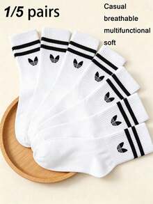 1/5 Pairs Unisex White Striped Mid-Calf Socks, Casual Comfortable Versatile Socks Suitable For Daily Wear, Back To School Season, All Seasons - White - View 2