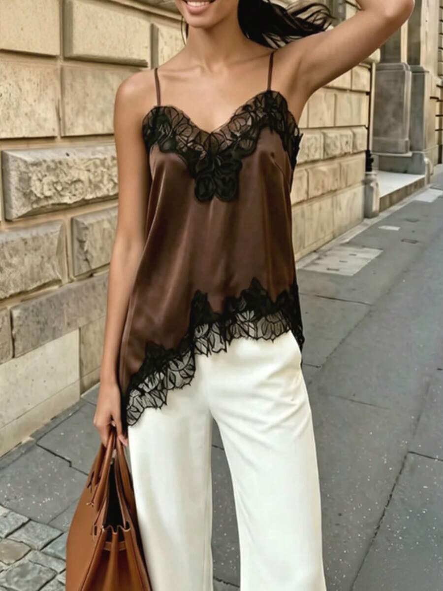 Nuevo top de satén sin mangas elegante con parches de encaje de color contrastante, top sexy de verano, top de fiesta, marrón casual - Café integral - Ver 1