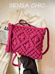 Bolso bandolera tejido bohemio de color sólido, bolso cuadrado pequeño tejido a la moda, adecuado para vacaciones en la playa, compras urbanas, elección perfecta para vacaciones en la playa, - rosa brillante - Ver 6