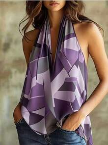 Geometric Pattern Backless Bohemian Top Vacation Summer - Violet Purple - View 5