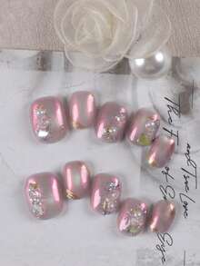 10pcs Lavender Cat Eye Silver Glitter Press-On Nails, Short Fake Nails, Office Daily Wear, Fake Nail Set With 1 Adhesive Sticker & 1 Mini Nail File - Multicolor - View 1