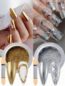 Y2K Mirror Nail Powder With Applicator Brush, Magic Mirror Effect White/Gold/Silver, Suitable For Nail Decoration, Nail Supplies - Multicolor - View 6