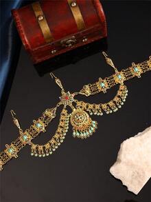 1pc Vintage Court Style Women's Head Chain, Hollow Carved, Inlaid With Artificial Gemstones And Water Drop Tassels, Moroccan Women's Kaftan Wedding Jewelry Hair Accessory - Multicolor - View 1