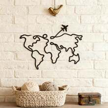 1 pieza Decoración de pared de metal con mapa y avión moderno, Escultura de pared de mapa moderno, Arte de pared, Perfecto para decorar paredes de sala de estar, paredes de dormitorio, decoración del hogar, y un gran regalo para los padres, Hecho de hierro duradero recortado - Negro - Ver 1
