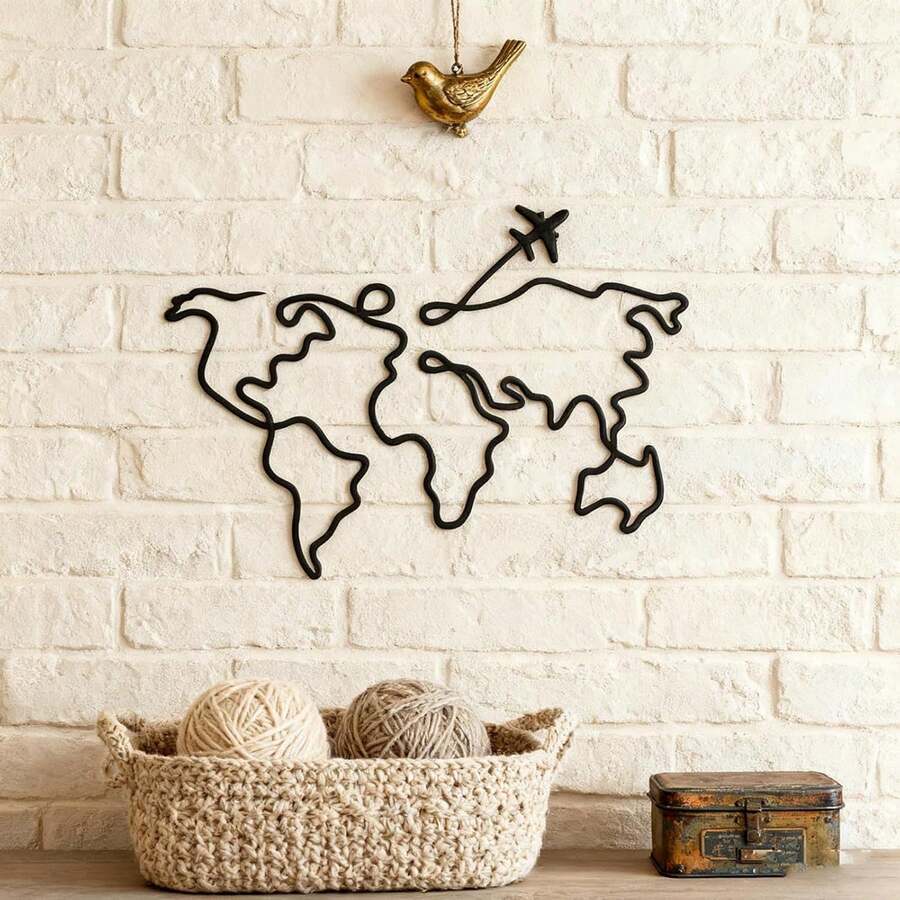 1 pieza Decoración de pared de metal con mapa y avión moderno, Escultura de pared de mapa moderno, Arte de pared, Perfecto para decorar paredes de sala de estar, paredes de dormitorio, decoración del hogar, y un gran regalo para los padres, Hecho de hierro duradero recortado - Negro - Ver 1