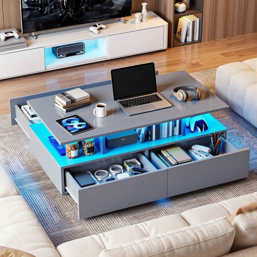 Yitahome Coffee Table With Storage, High Glossy 16 Color Adjustable LED Coffee Tables For Living Room, Black Coffee Table With Open Display Shelf And 4 Drawers, Modern Wooden Rectangle Tea Table - 灰色 - 查看 1