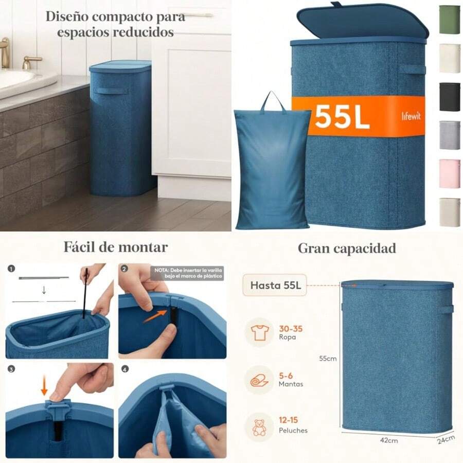 Lifewit Cesto Ropa Sucia Cesta Ropa Plegable con Bolsa Extraíble y Asa Cubo Ropa Sucia con Tapa Laundry Basket para Dormitorio Baño Lavandería Dormitorio 55 L - Azul Oscuro - Ver 1