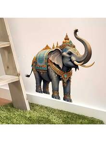 1PC Elegant Thai Elephant Wall Sticker, 2D Flat Printed Removable Self-Adhesive Vinyl Wall Decal, Bohemian Exotic Animal Pattern, Suitable For Living Room Home Decor - Thai Elephants - View 2