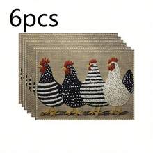 Multi-Pack Farm Chicken Placemats In 2 Styles: Red Checkered & Linen Embroidered. 100% Polyester, Non-Slip, Heat-Resistant, Easy To Clean. Ideal For Farmhouse Kitchens, Meals And Gatherings. - Multicolor - View 17
