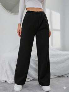 Women's High-Waisted Fleece Sweatpants, Jogger Style, Basic, Elegant, Sexy, Plus Size Pants - Black - View 1