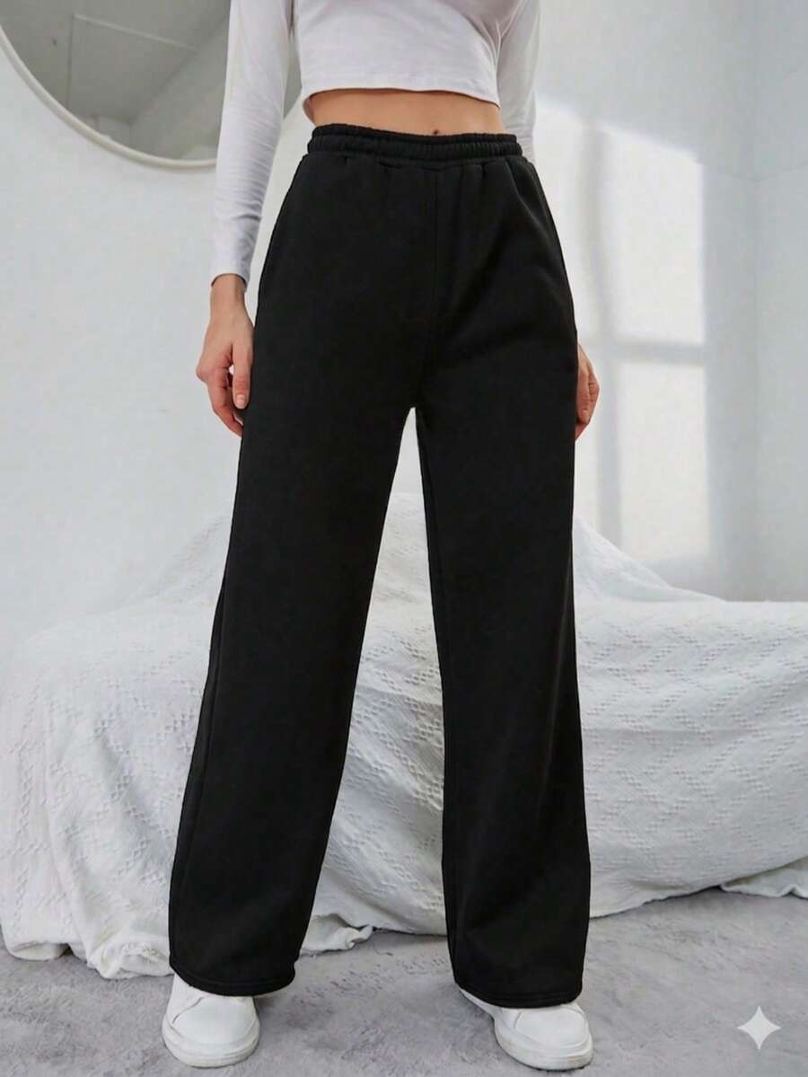 Women's High-Waisted Fleece Sweatpants, Jogger Style, Basic, Elegant, Sexy, Plus Size Pants - Black - View 1
