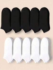 10 Pairs Men's Black & White Summer Invisible Short Socks, Simple Practical Multi-Functional 1/5/10/20/30/Pairs - Black and White - View 1