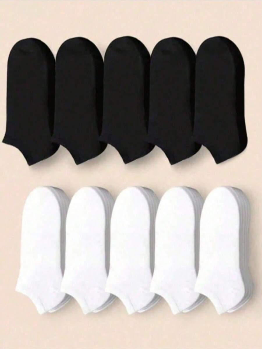 10 Pairs Men's Black & White Summer Invisible Short Socks, Simple Practical Multi-Functional 1/5/10/20/30/Pairs - Black and White - View 1