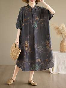 AZAH Halloween Elegant Ball 女款大尺碼夏季中長洋裝，植物印花，短袖圓領，休閒寬鬆版型，附口袋，無彈性梭織布料 - 灰色 - 查看 1