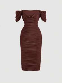 Ruched Off-The-Shoulder Fitted Dress - Brown - View 1