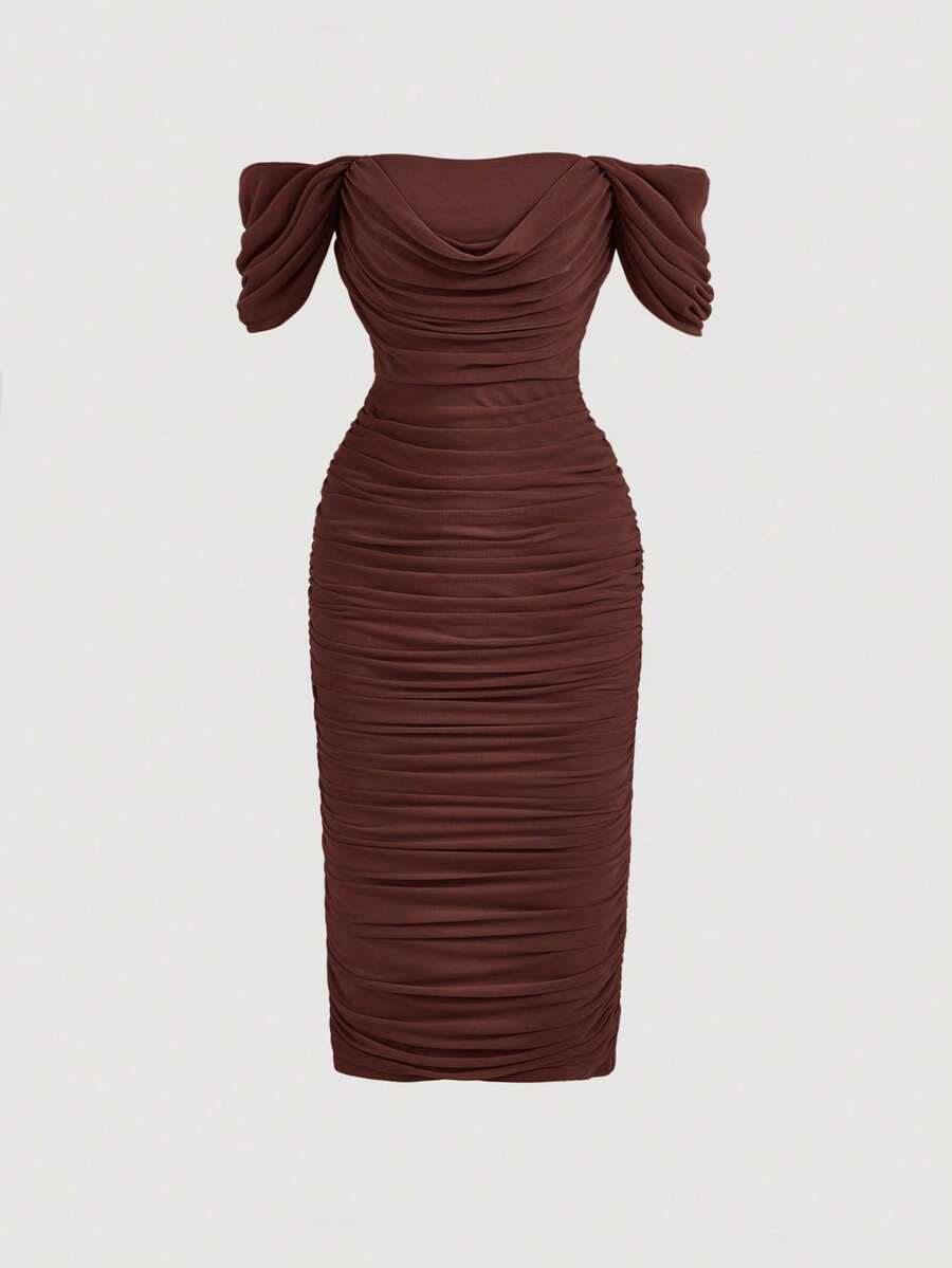 Ruched Off-The-Shoulder Fitted Dress - Brown - View 1