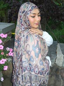 1 chiếc khăn choàng nữ họa tiết Bohemian hoa, màu nước, vân đá, sóng nước, nhuộm tie-dye, phù hợp mặc hàng ngày - Màu be - Xem 4