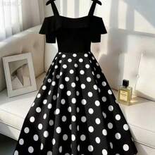 xuehuamaoyi02  CURVE Vestido elegante de talla grande para mujer con estampado de lunares y diseño de hombros descubiertos y parches - Blanco y Negro - Ver 1