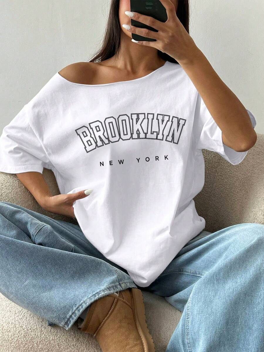 Camiseta Casual Estampada para Mujer, Manga Corta y Cuello Redondo, Moda Urbana Local Primavera/Verano. Blusas para mujer, playeras de mujer. 180g (S-XXXL) - Blanco - Ver 1