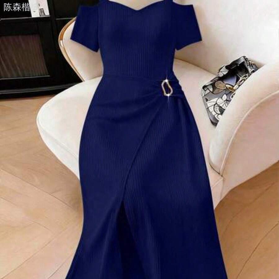 yonghongmaoyi1 Vestido envolvente de unicolor elegante y holgado para tallas grandes, para el verano - Azul marino - Ver 1