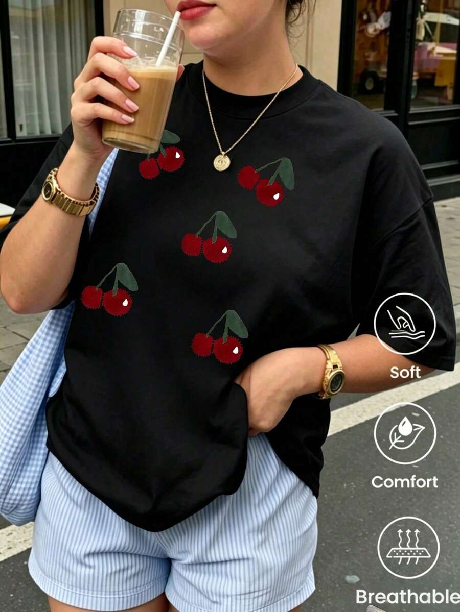Diseño de camiseta de manga corta para parejas, ideal para la primavera/verano de 2026. Perfecta para usar tanto en interiores como en exteriores. Camiseta de verano vibrante para mujer. - Negro - Ver 1