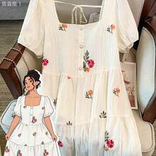 jianchaimaoyi02  LUNE CURVE Vestido de mujer talla grande de caliente con cuello cuadrado, elegante y fresco con estampado de cuadros y cerezas, - Verde - Ver 2