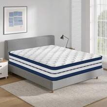 Matelas 140x200 cm, Epaisseur 30 cm, Matelas à Ressorts Ensachés, Mousse à Mémoire de Forme, Dureté Moyenne H3, Soutien 7 Zones, Respirant et Doux Pour la Peau - Bleu et Blanc - Voir 5