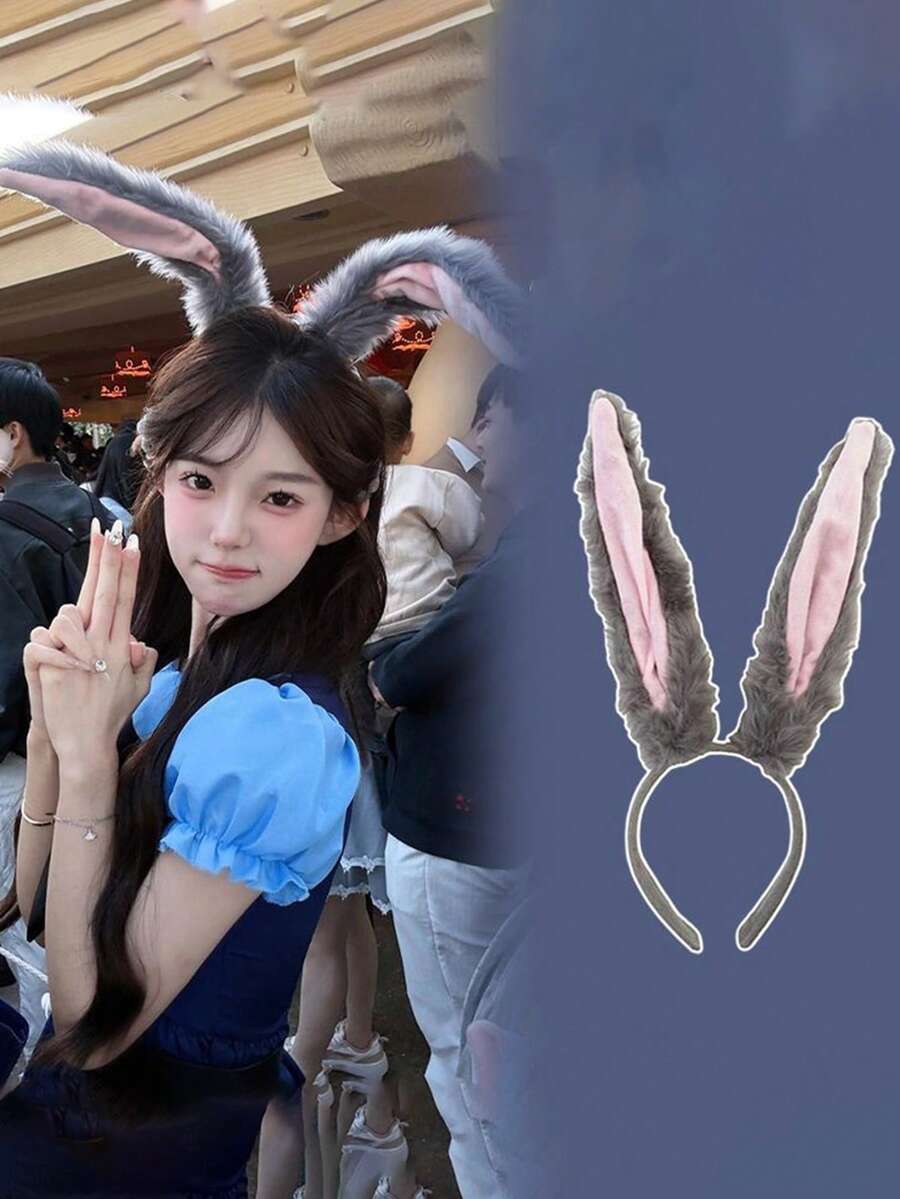 1pc Rabbit Police Officer Plush Headband, Cute Photo Prop Headpiece, Amusement Park Rabbit Ear Hair Accessory, Cosplay Head Hoop,Party - A - View 1