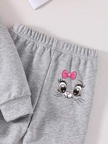 Young Girl Cartoon Print Round Neck Sweatshirt And Flared Pants - Grey - View 5