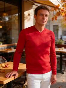Men's Cold Weather Blouse | Men's Knitted Sweater | Winter Knitted Wool Pullover Long Sleeve V-Neck - 紅色 - 查看 2