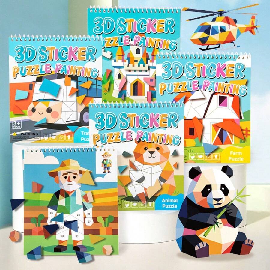 3D幾何拼貼拼圖，4種主題：動物、交通工具、農場、童話故事，動物顏色辨識，提升動手能力