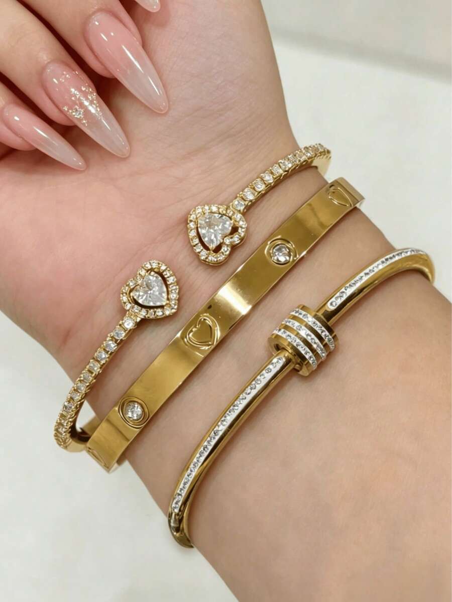 Set Gelang Rhinestone Stainless Steel Emas Gaya Mewah Ringan 1pc/3pcs, Gelang Zirkonia Kelas Atas, Perhiasan Serbaguna untuk Perjalanan Sehari-hari, Kencan, dan Pemberian Hadiah - Emas 3 - View 1