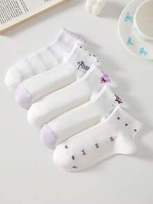 5 Pairs Women Cute Bow Pattern Short Socks Ankle Socks Casual Lace Ruffled Socks, Soft, Breathable, Suitable For All Seasons, Random Colors - Multicolor - View 8
