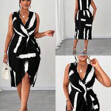yonghongmaoyi1 Maweii Vestido sin mangas con cuello en V y estampado de talla grande - Blanco y Negro - Ver 2