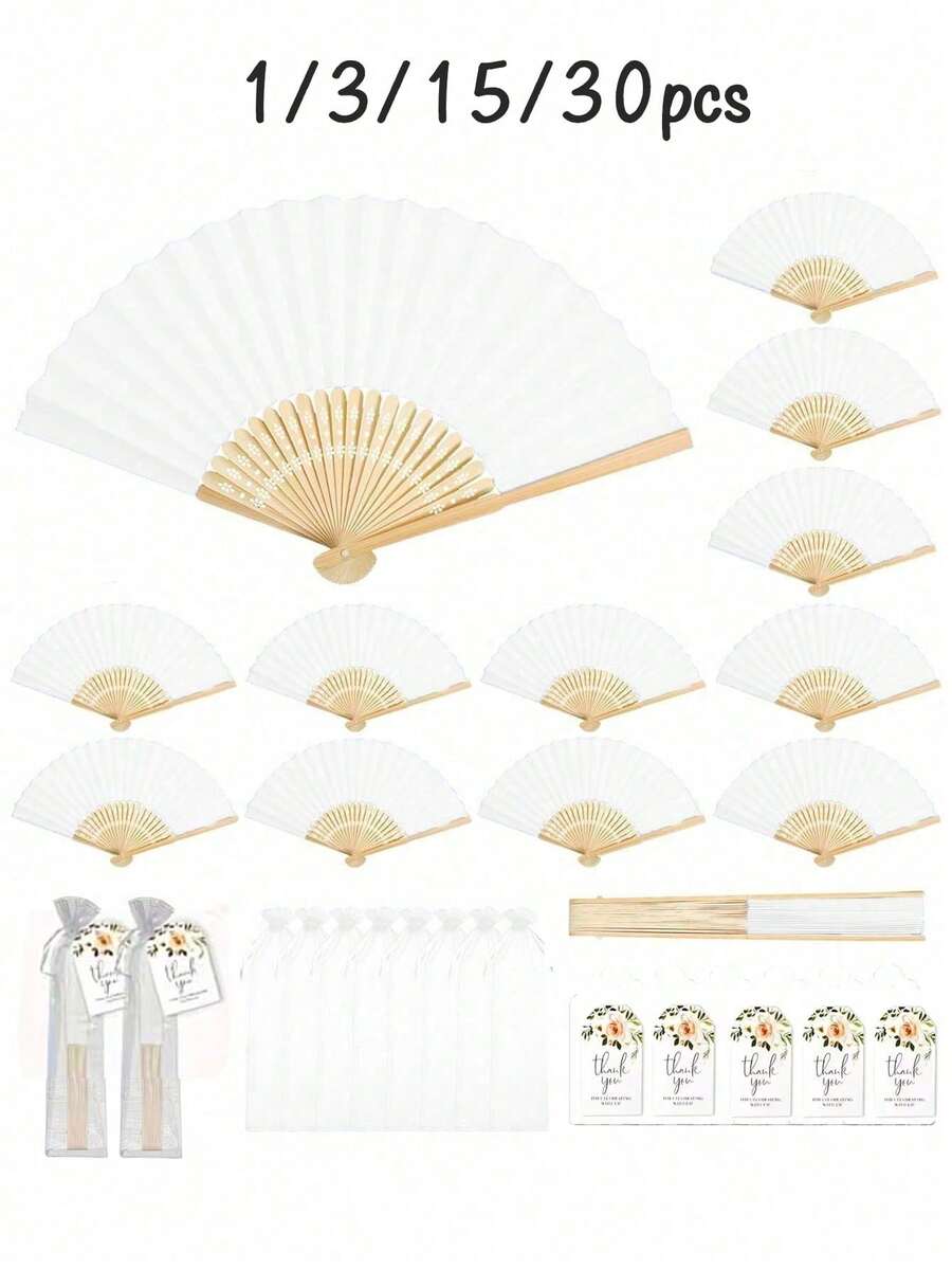 1/3/15/30件夏季白色系列婚禮禮物扇子套裝，包含1把摺疊扇、1個扇子袋和1張卡片，透明沙袋，婚禮派對裝飾。適用於新娘禮物派對、生日派對小禮物、伴娘團體拍照道具、夏季扇子、活動派對用品、多件派對禮物袋