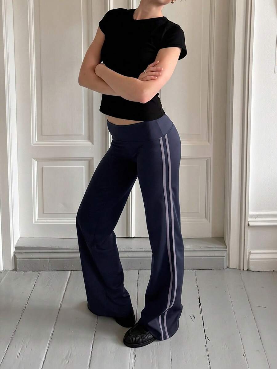 Women's Wide Leg Pants, Solid Color With Side Stripes, Loose Casual Long Pants, Street Style Sweatpants, Y2K Style Women's Clothing, Daily Wear - Black - View 1