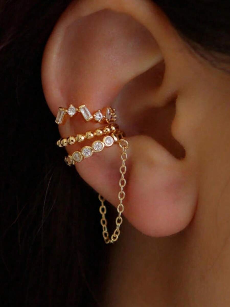 3pcs/Set Shiny Cubic Zirconia Chain Ear Clips Earrings, Multi-Layer Stackable Earrings, Suitable For Women's Daily, Date, Party Wear - Gold - View 1