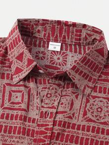 Men's Short Sleeve Geometric Print Linen-Feel Casual Beach Vacation Shirt (Asymmetric Cut) - Red - View 4