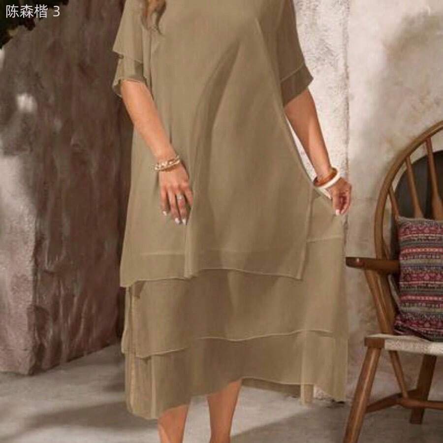 yonghongmaoyi1 Vestido casual de talla grande, vestido bohemio de verano fluyente con cuello redondo, sin mangas, dobladillo asimétrico, adecuado para primavera y verano, - Camel - Ver 1