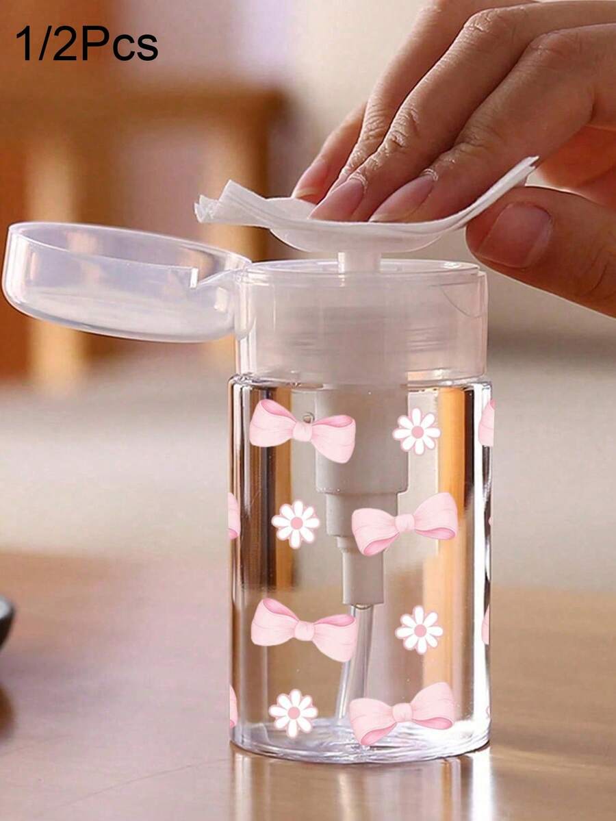 1/2個 150ml/200ml/300ml 美甲壓泵分裝瓶，粉色蝴蝶結圖案透明壓瓶，酒精美甲除光劑儲存容器，大容量卸妝空瓶可重複使用，美甲除光劑壓泵分裝瓶，空化妝品丙酮容器旅行瓶泵頭，化妝配件宿舍浴室必需品 - 彩色 - 查看 1