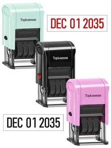 Automatic Date Stamp With Ink Pad, Commercial Use, 12 Years, Purple Black Mint Green Base, Black Red Ink, 2024-2035 - Single Piece - View 1