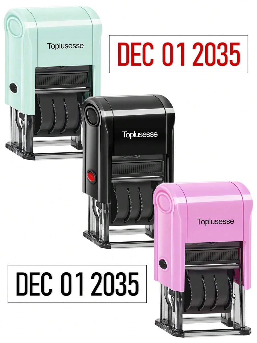 Automatic Date Stamp With Ink Pad, Commercial Use, 12 Years, Purple Black Mint Green Base, Black Red Ink, 2024-2035 - Single Piece - View 1