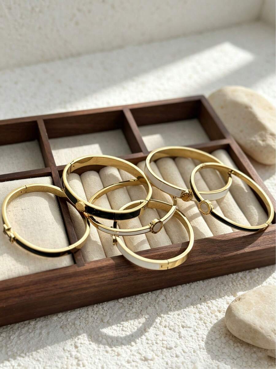 2pcs/Set Luxury Enamel Roman Numeral & H Letter Oil-Drip Stainless Steel Bangle Bracelet For Women, Versatile Daily Commute & Date Accessory, Exquisite Niche Design, Suitable For Gifting And Layering, Creating A Gentle & Sophisticated Elegant - H-letter Roman Numeral Bracelet - View 1