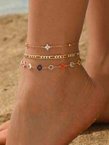 3pcs Fashion Colorful Four-Leaf Clover Decor Rhinestone Women's Foot Jewelry Suitable For Daily Wear, Beach Travel And Dating, Handmade Chain Cut To Length, Number Of Sections And Color Arrangement Not Fixed, Four-Leaf Clover Color Quantity And Arrangement Also Random - Multicolor - View 1