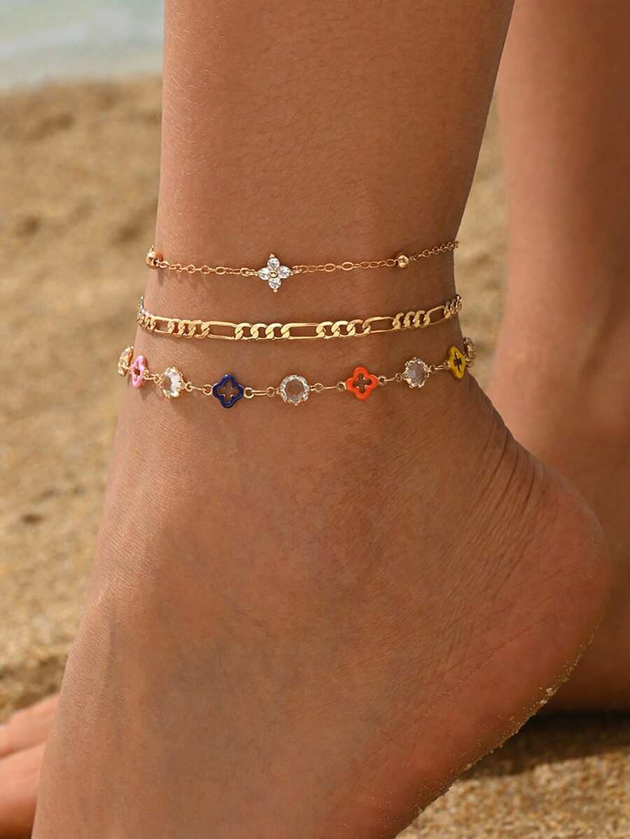 3pcs Fashion Colorful Four-Leaf Clover Decor Rhinestone Women's Foot Jewelry Suitable For Daily Wear, Beach Travel And Dating, Handmade Chain Cut To Length, Number Of Sections And Color Arrangement Not Fixed, Four-Leaf Clover Color Quantity And Arrangement Also Random - Multicolor - View 1