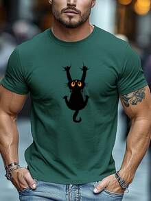 Camiseta Casual para Hombre con Estampado de Gato de Dibujos Animados |   Cuello Redondo, Tela Ligeramente Elástica, Corte Regular, Temporada de Verano - Blanco - Ver 10